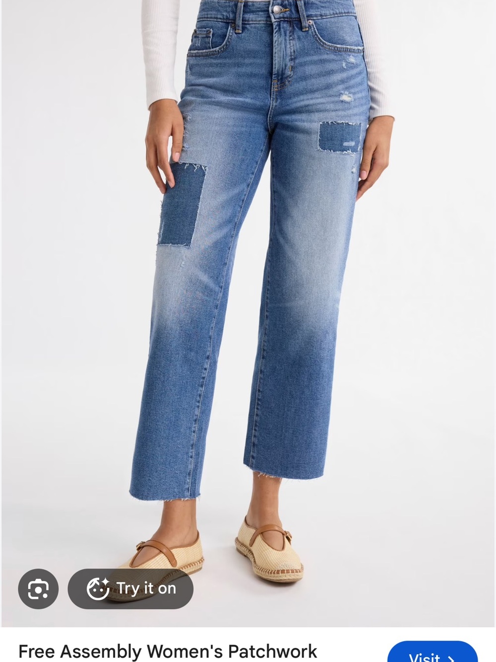 Women's Patchwork Straight-Leg Jeans in Medium Blue